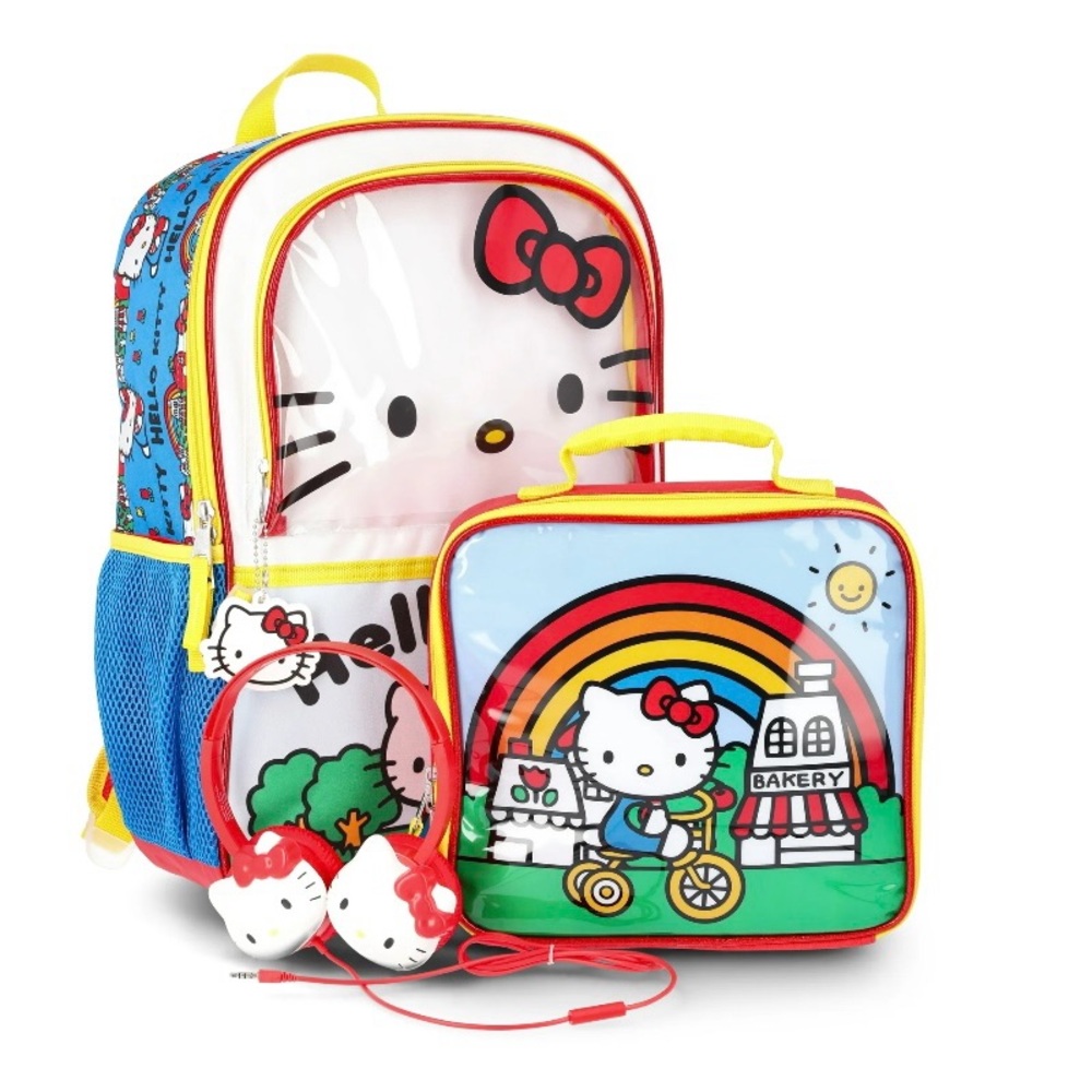 Hello Kitty 4 Set Piece Backpack, Lunch Bag, Headphones and Rubber Molded Dangle